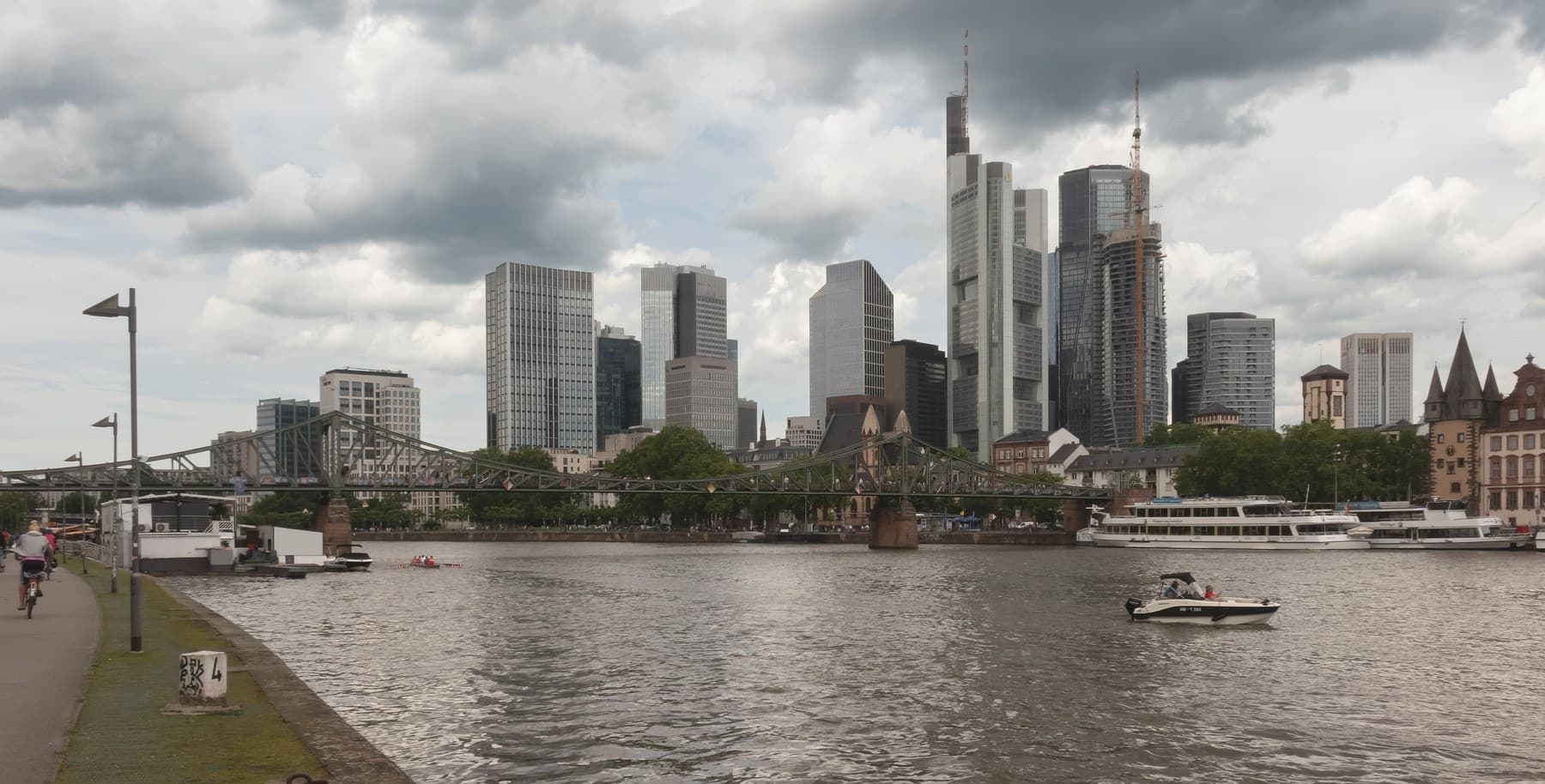 Blick von Sachsenhausen über den Main und den Eisernen Steg auf die Frankfurter Skyline